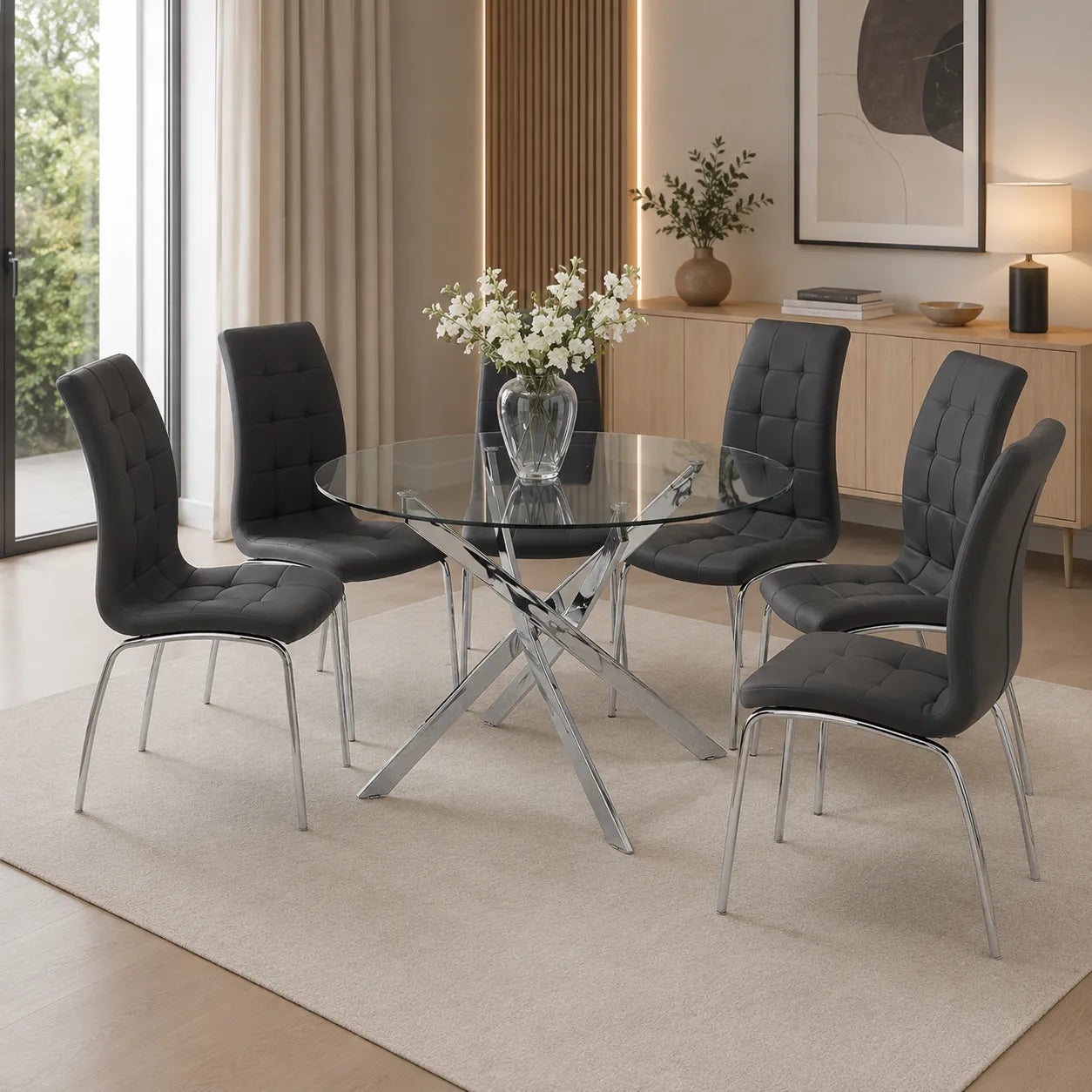 Table chromé 4 ou 6 chaises grises DESIGN