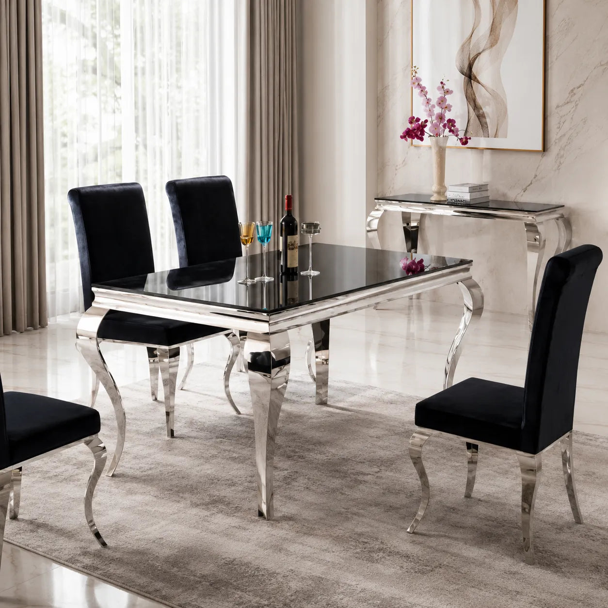 Table de salle à manger baroque Duchesse verre noir