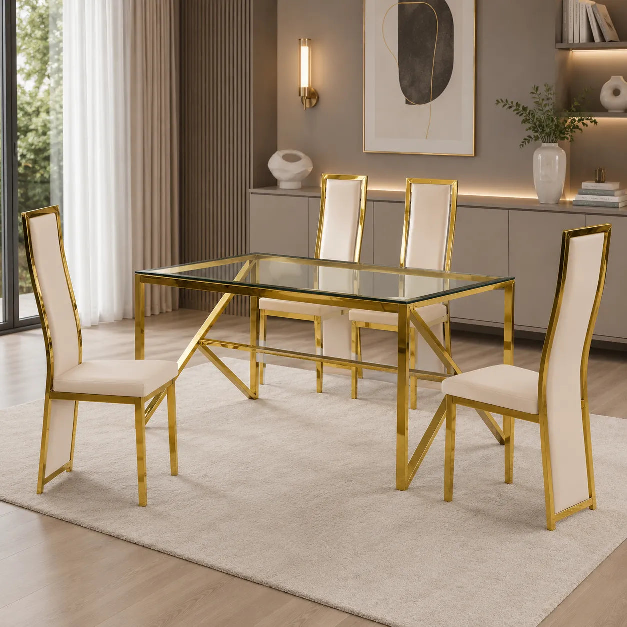 Table en verre et chaise dorée beige DIA