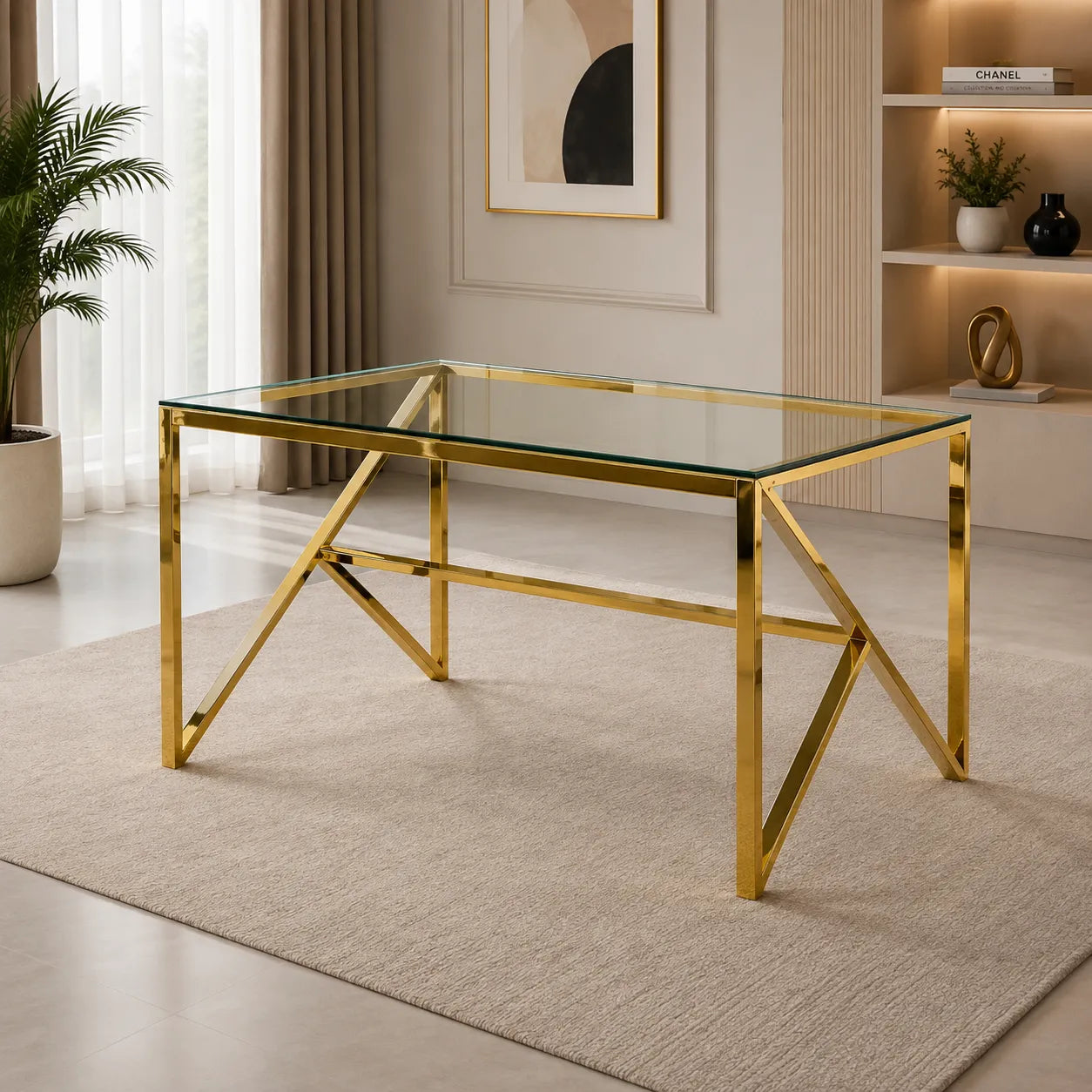 Table en verre et chaise dorée beige DIA