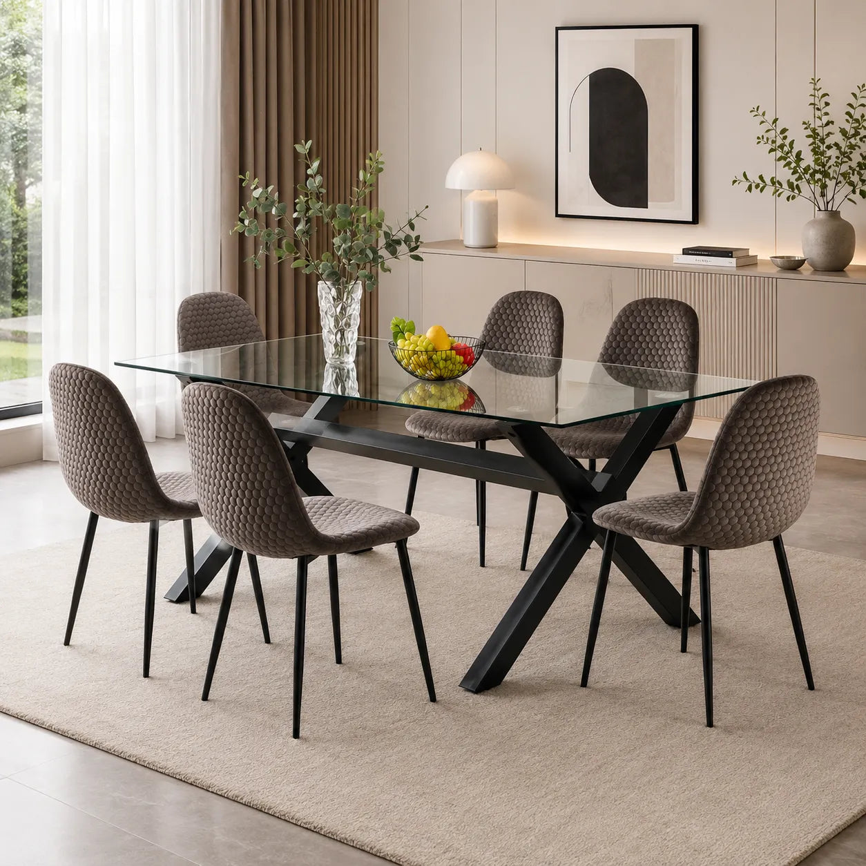 Table en verre et chaises marron CROSS