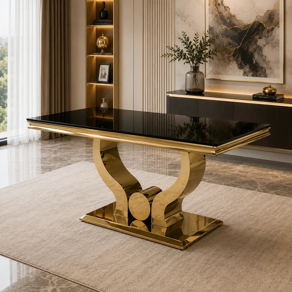 Table en verre noir et chaises doré NEA