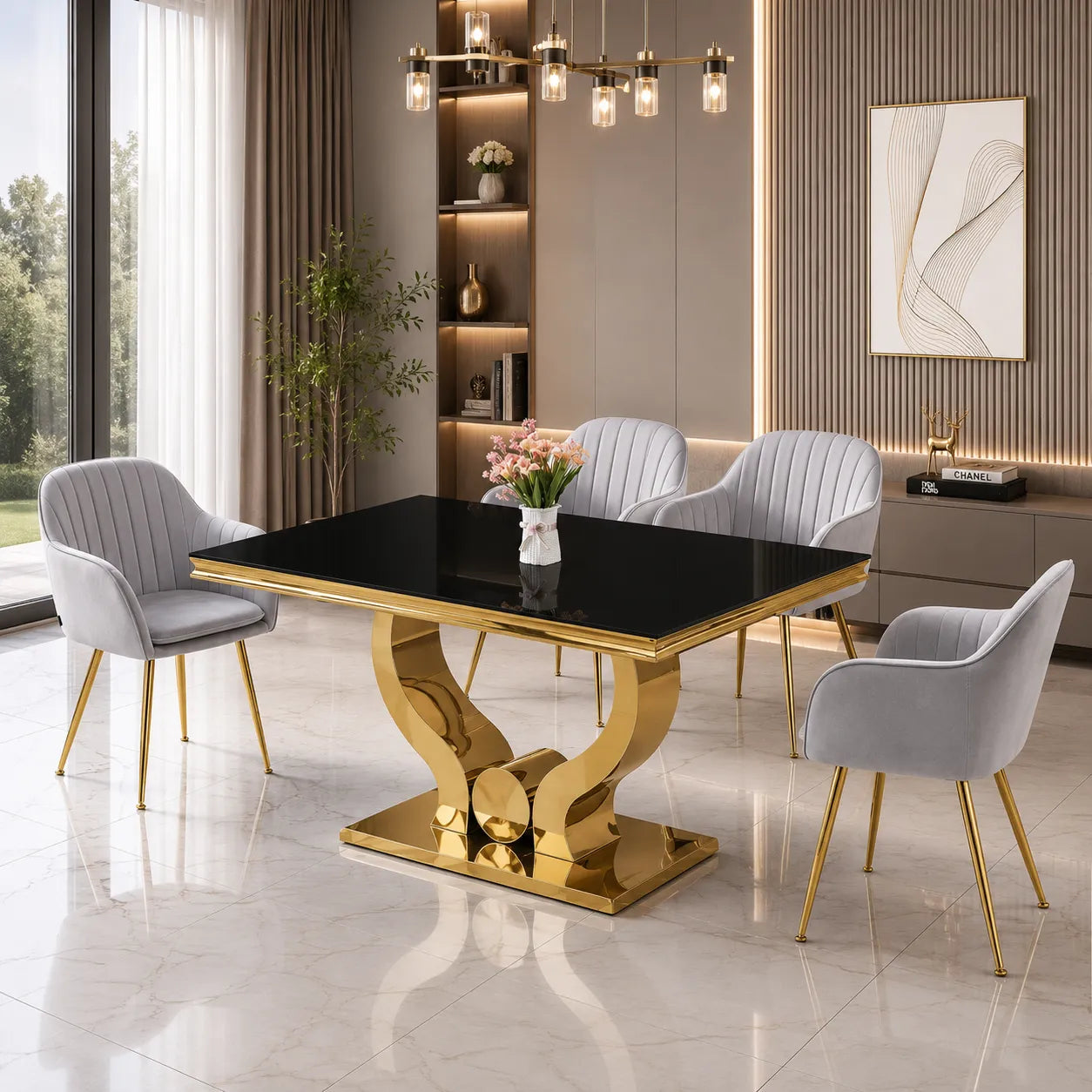 Table en verre noir et chaises doré NEA