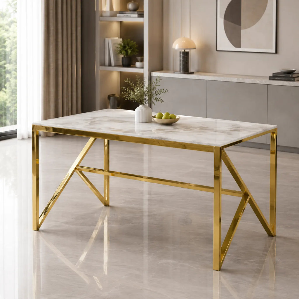 Table et  4 chaise dorée beige marbre beige DIA