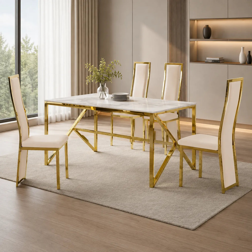 Table et  4 chaise dorée beige marbre beige DIA