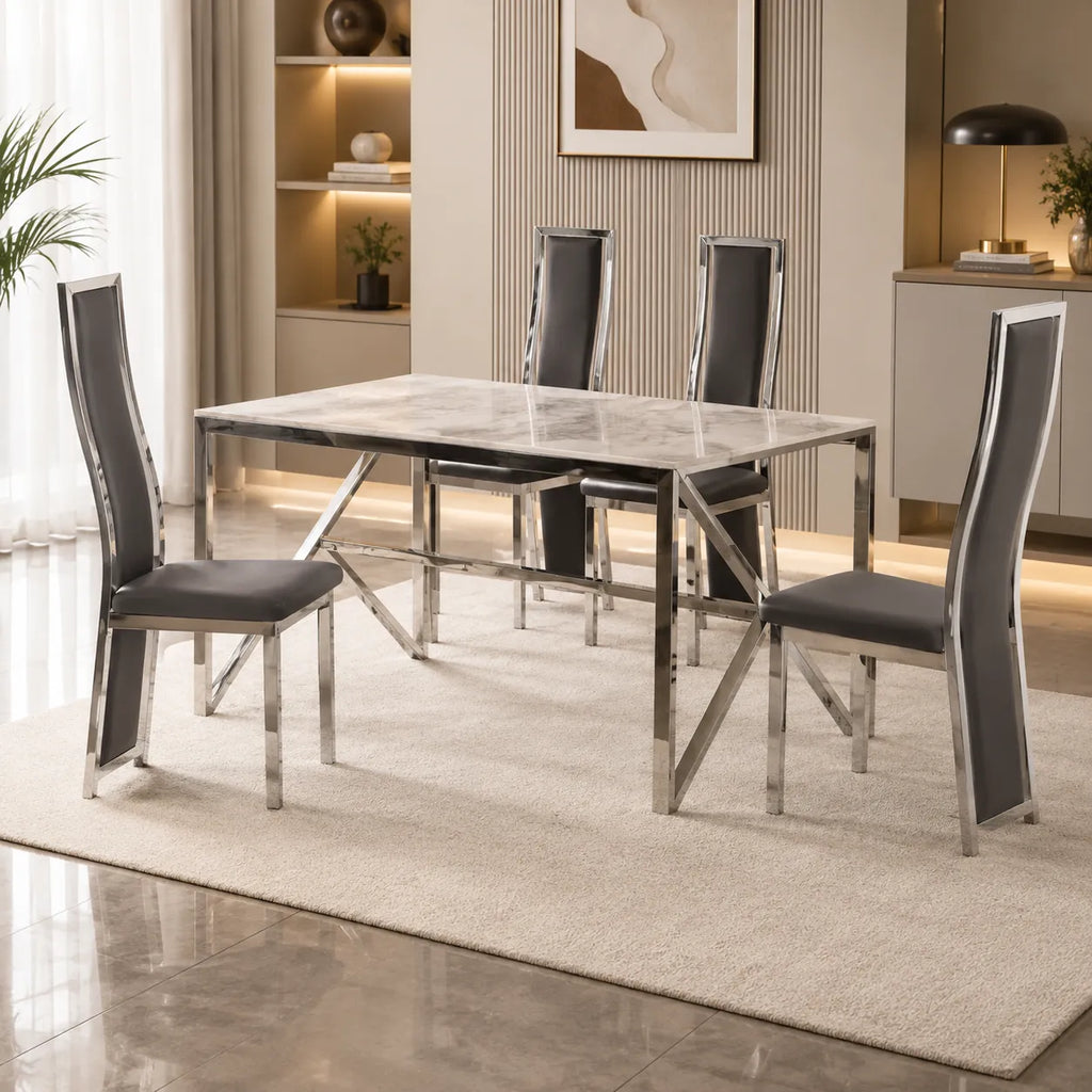 Table et 4 chaise gris marbre beige DIA