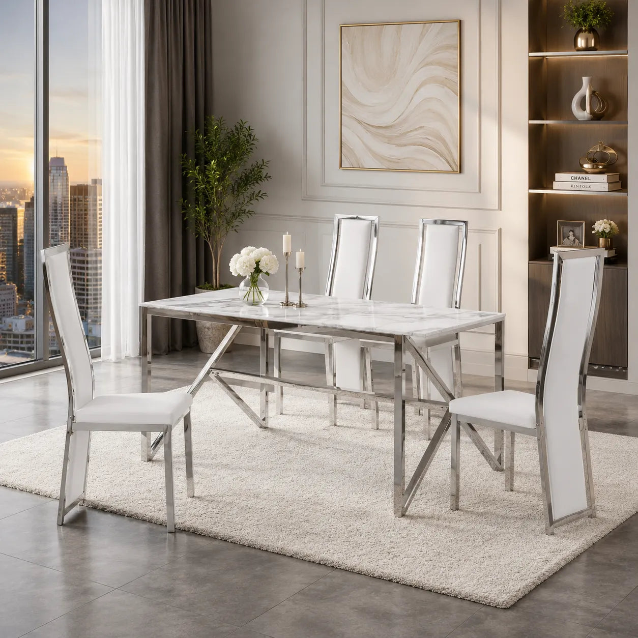 Table et chaise blanc marbre beige DIA