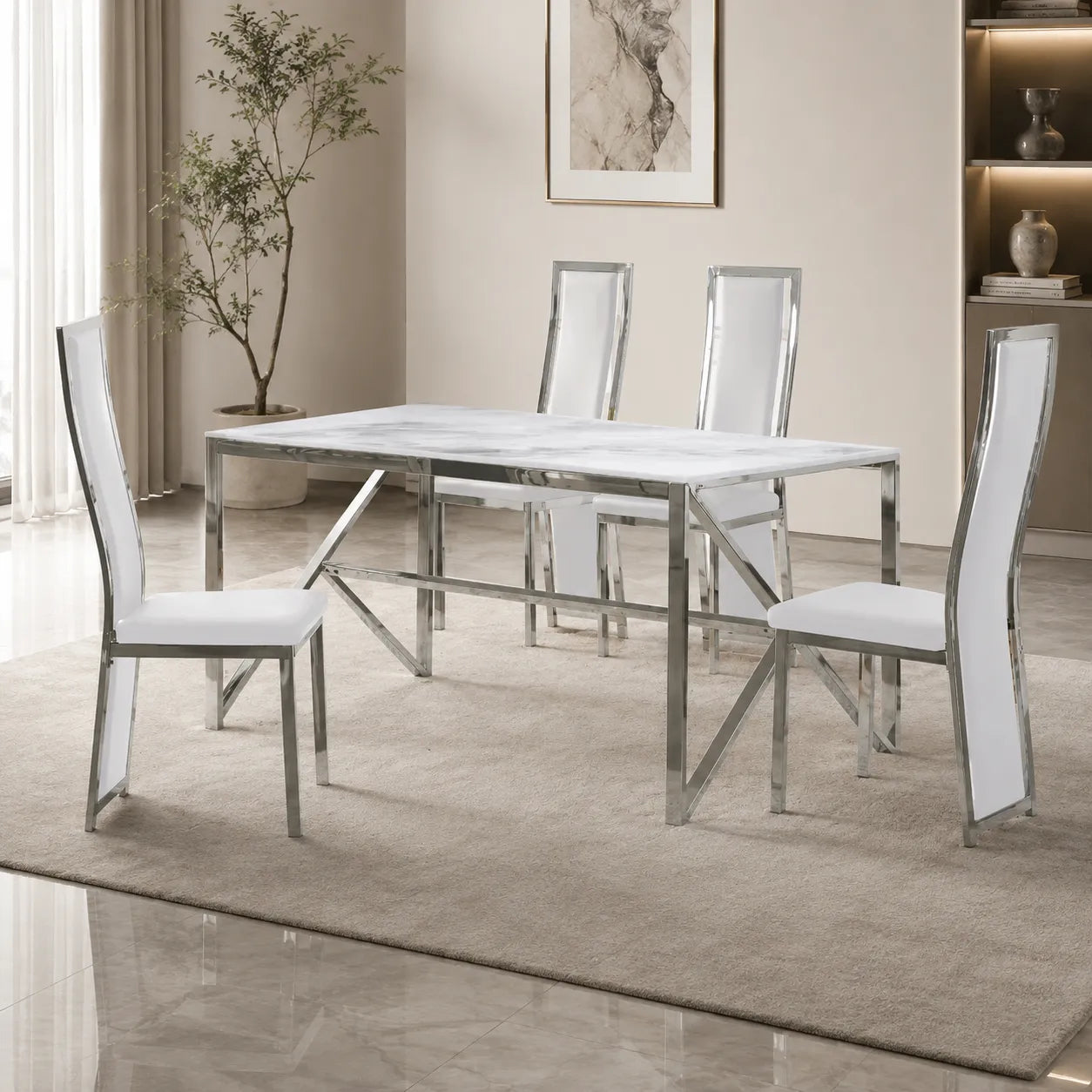 Table et chaise blanc marbre beige DIA