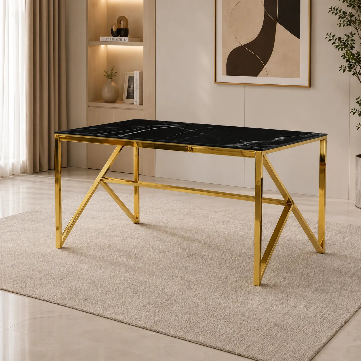 Table et chaise dorée beige marbre noir DIA