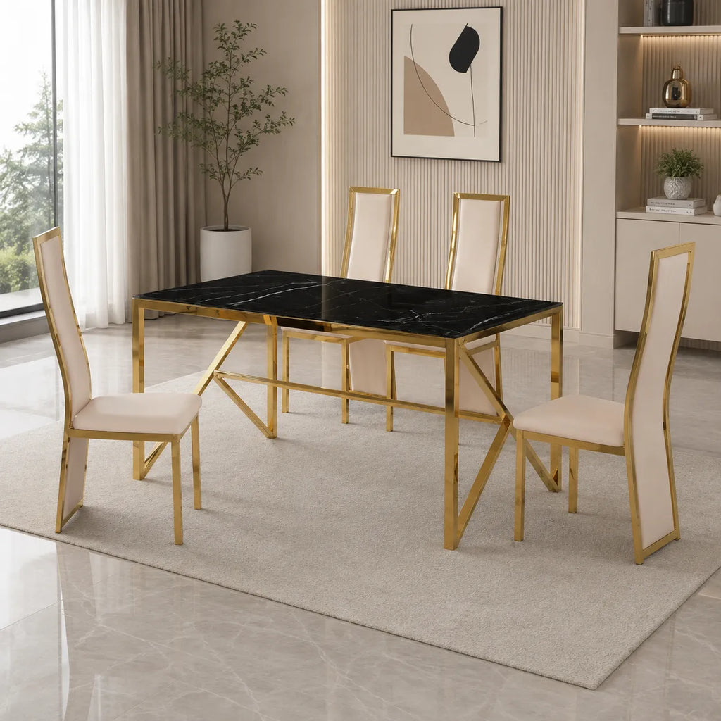 Table et chaise dorée beige marbre noir DIA