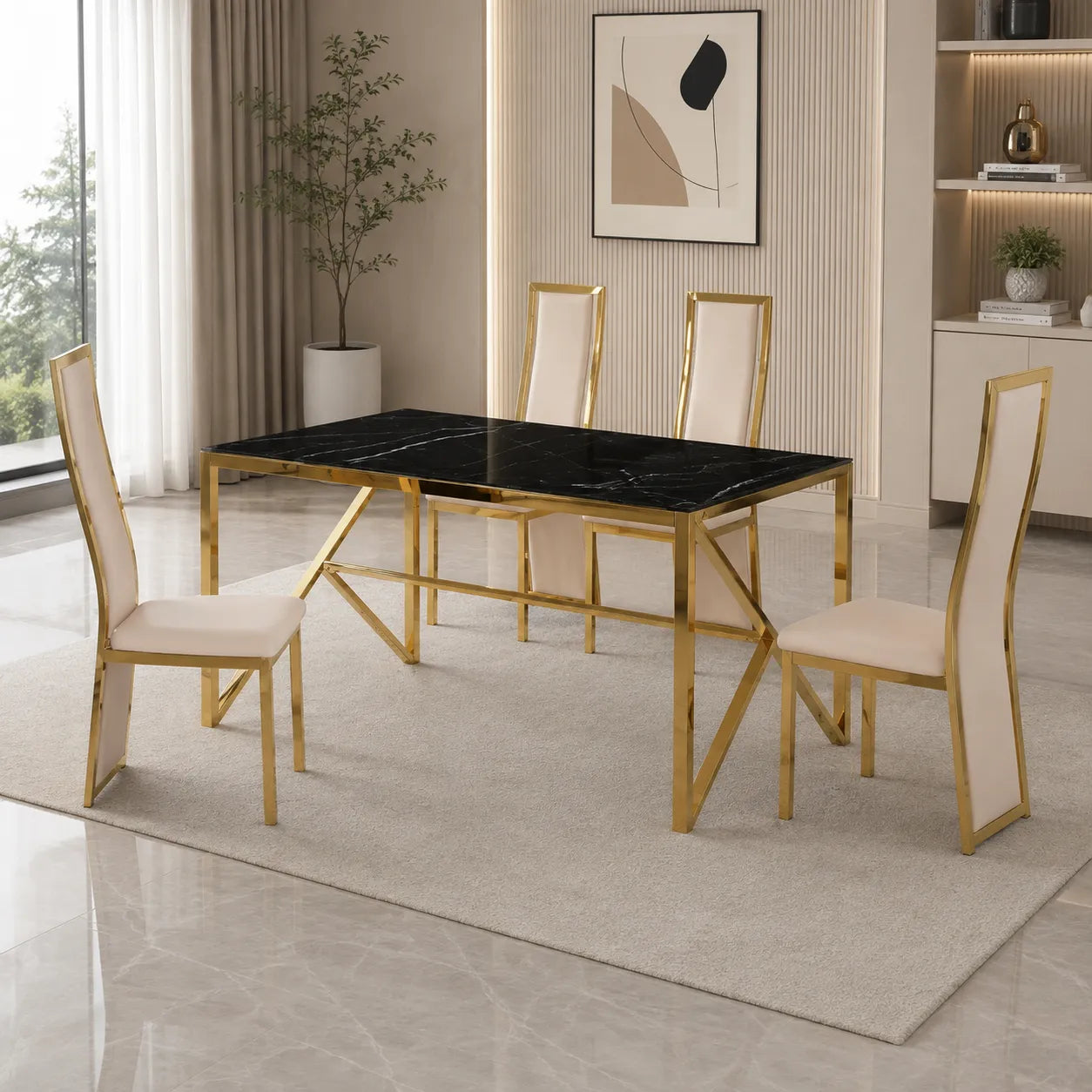 Table et chaise dorée beige marbre noir DIA