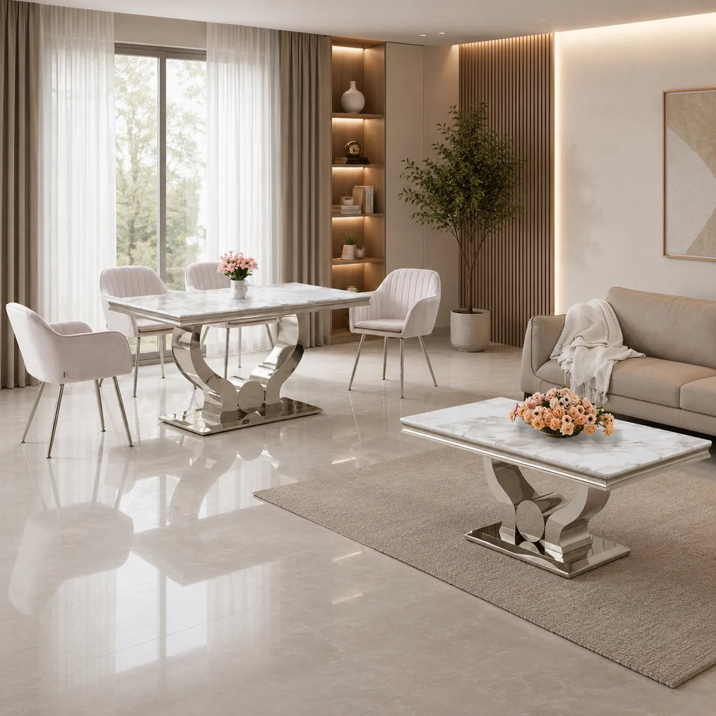 Table et chaises marbre beige argent NEA