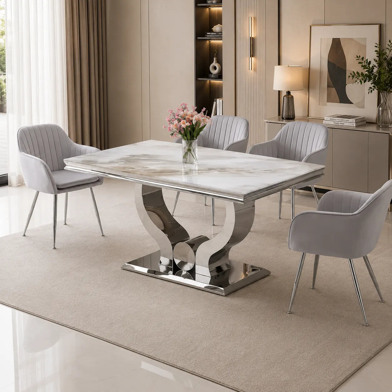 Table et chaises marbre beige argent NEA