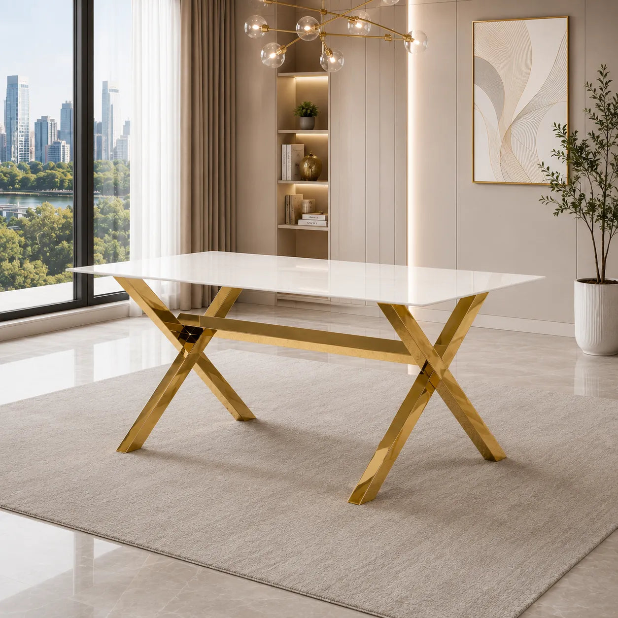 Table et chaises marbre blanc doré CROSS
