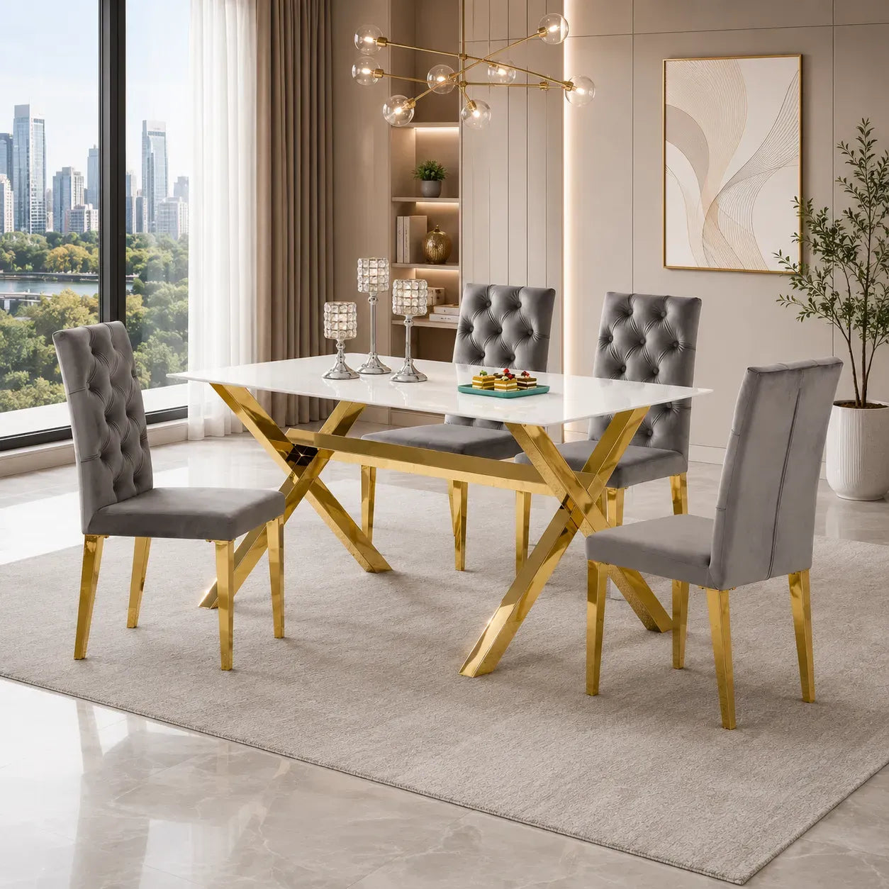 Table et chaises marbre blanc doré CROSS