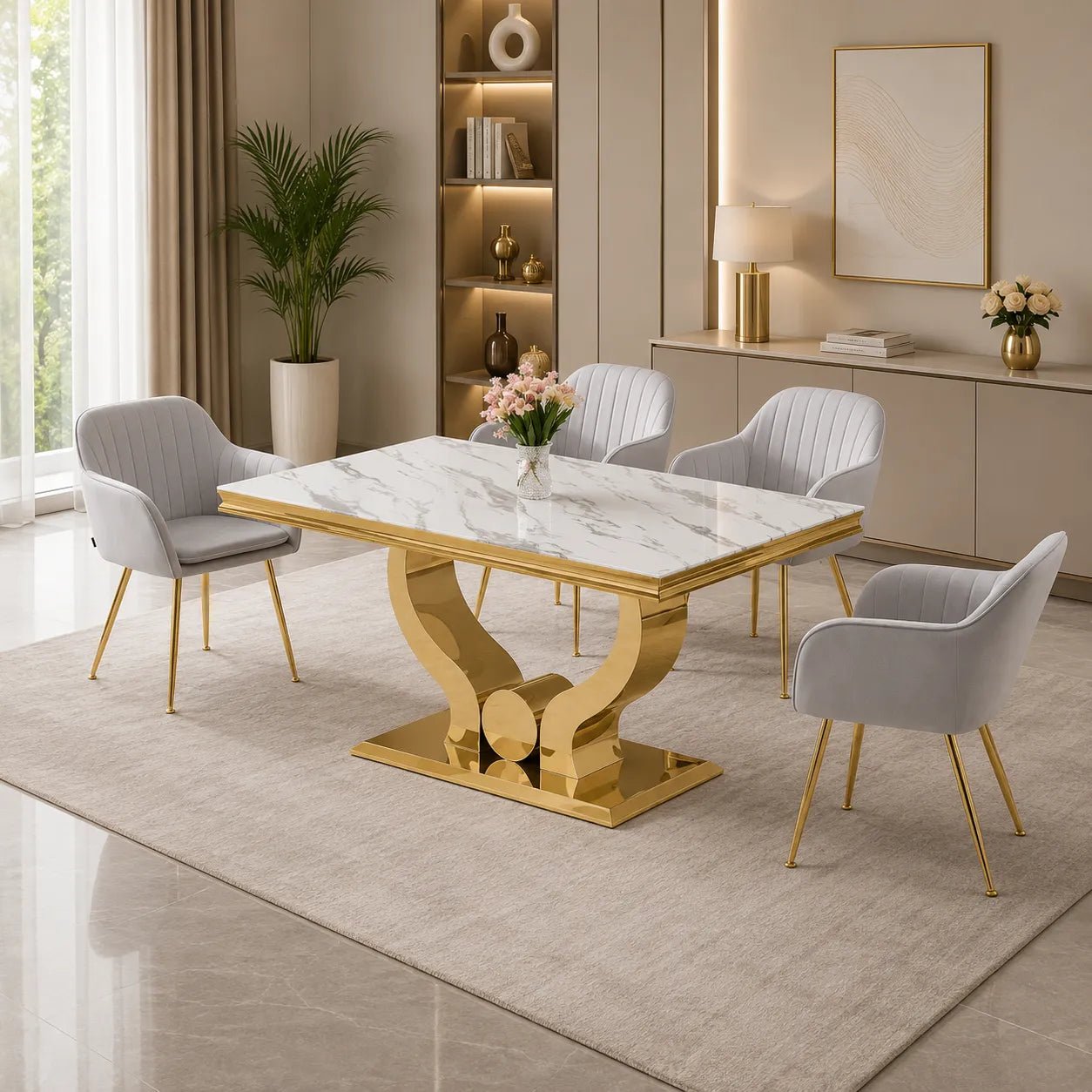 Table et chaises marbre blanc doré NEA