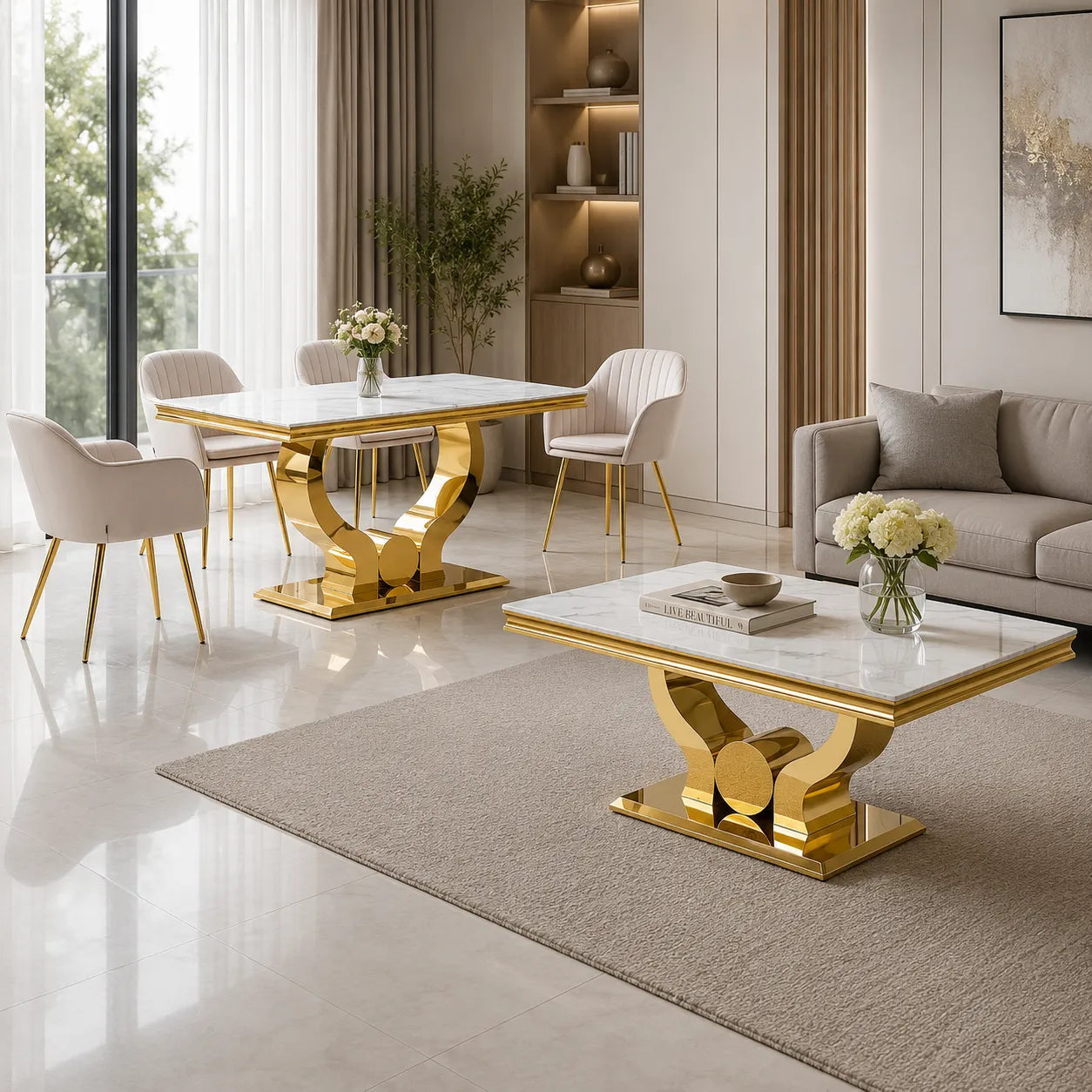 Table et chaises marbre blanc doré NEA