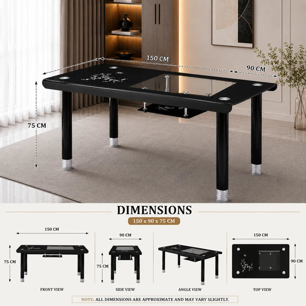 Table manger verre trempé noir ELY