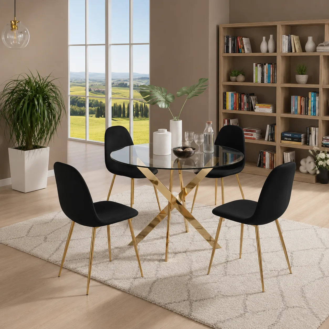 Ronde Table avec chaises avec argent pieds