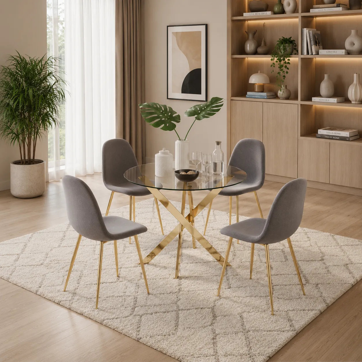 Ronde Table avec chaises avec argent pieds