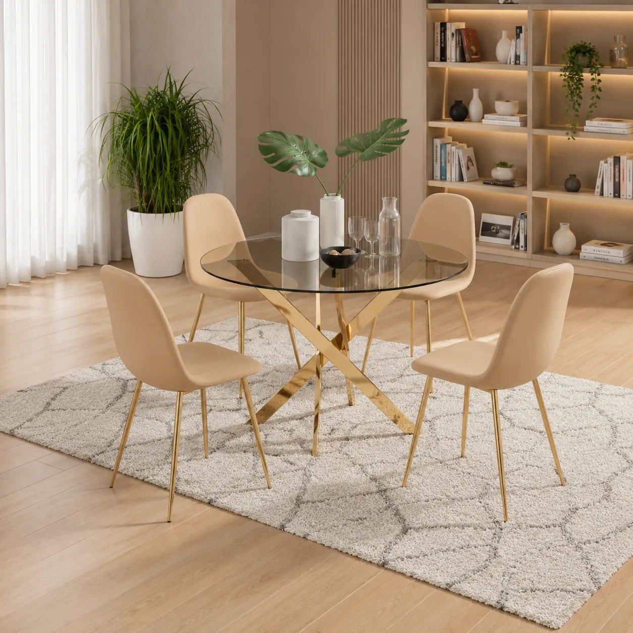 Ronde Table avec chaises avec argent pieds