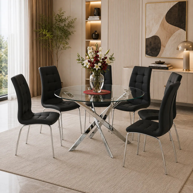 Table ronde chromé 4 ou 6 chaises noir RETRO