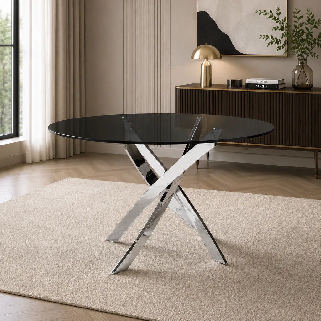 Table ronde chromé et chaises noires DESIGN