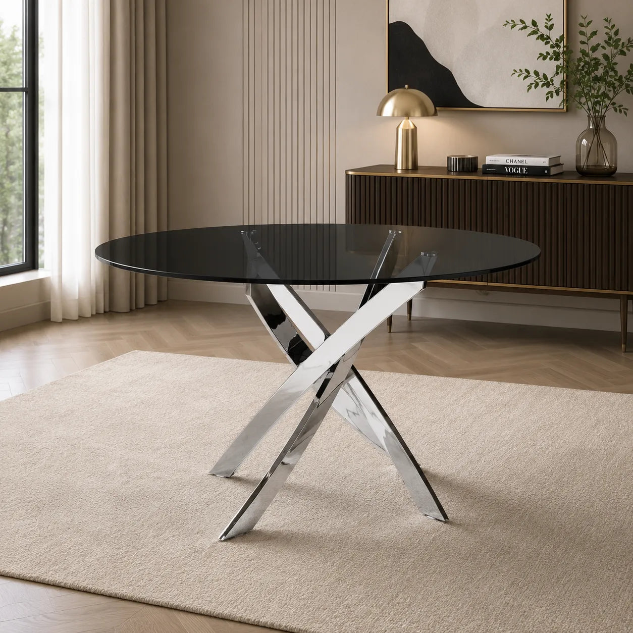 Table ronde chromé et chaises noires DESIGN