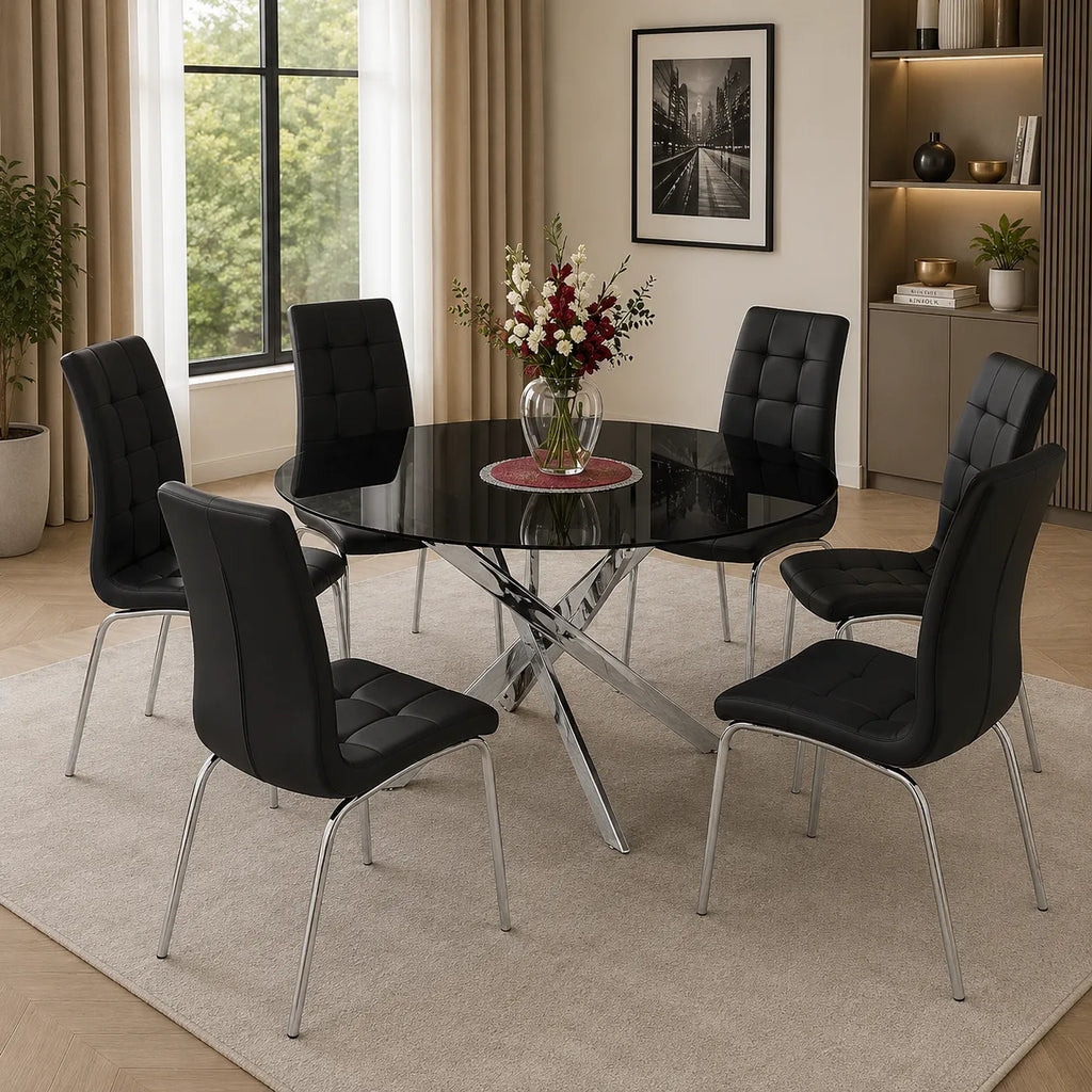 Table ronde chromé et chaises noires DESIGN