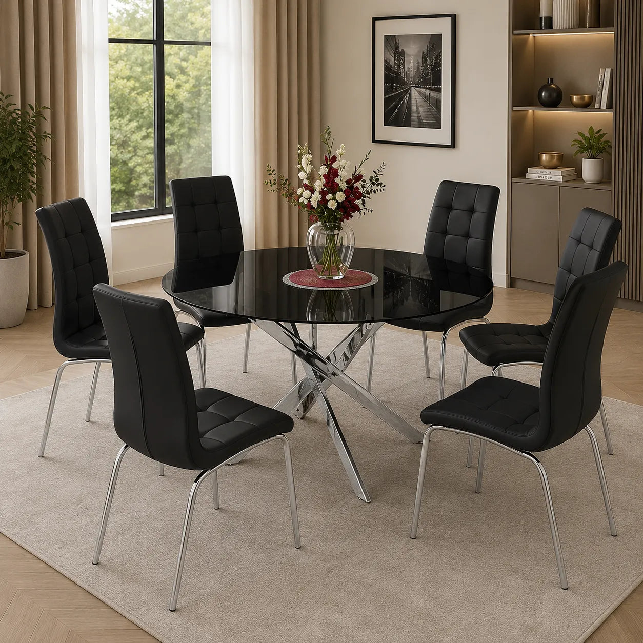 Table ronde chromé et chaises noires DESIGN