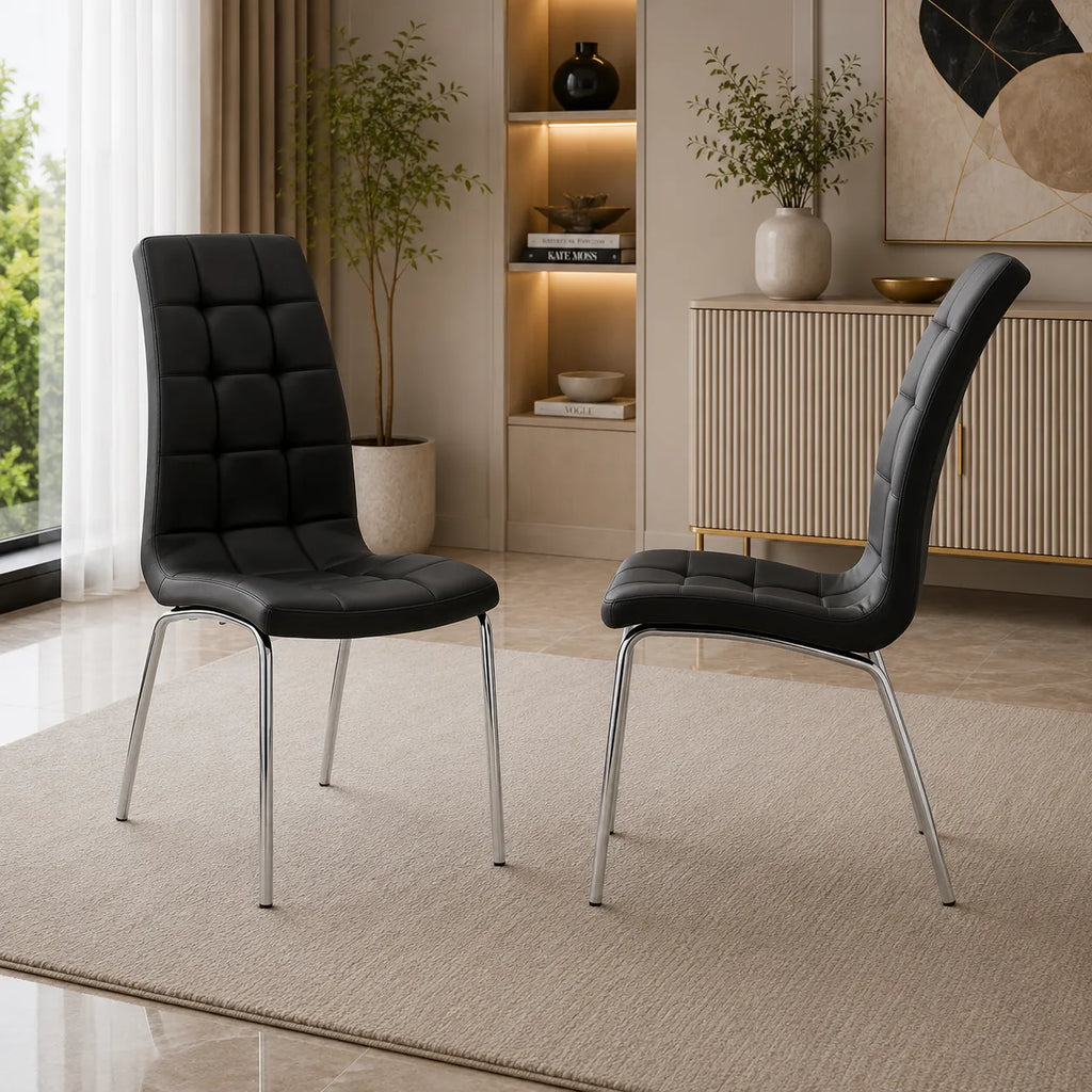 Table ronde chromé et chaises noires DESIGN