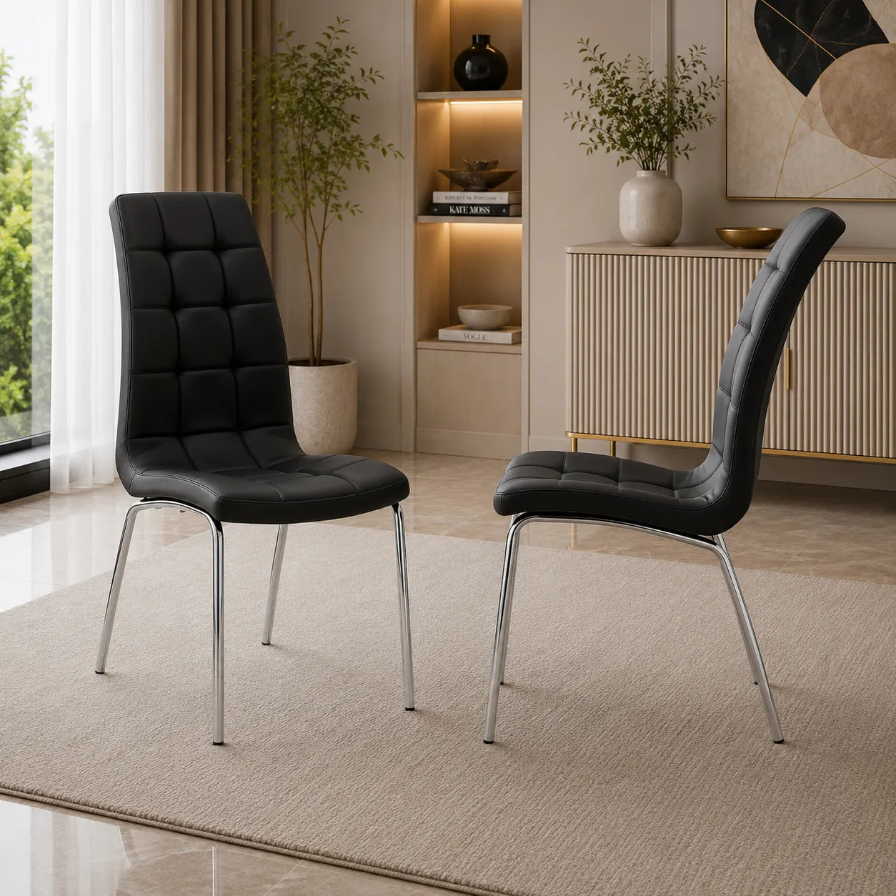 Table ronde chromé et chaises noires DESIGN