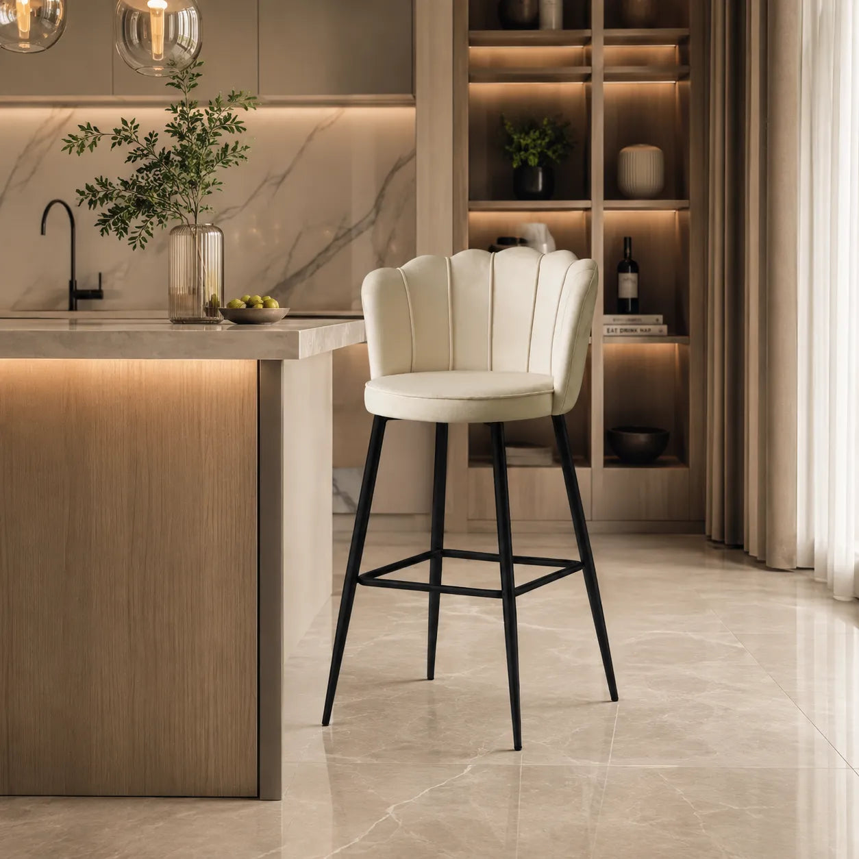 Tabouret de Bar Nymphea Métal Velours - Lot de 2