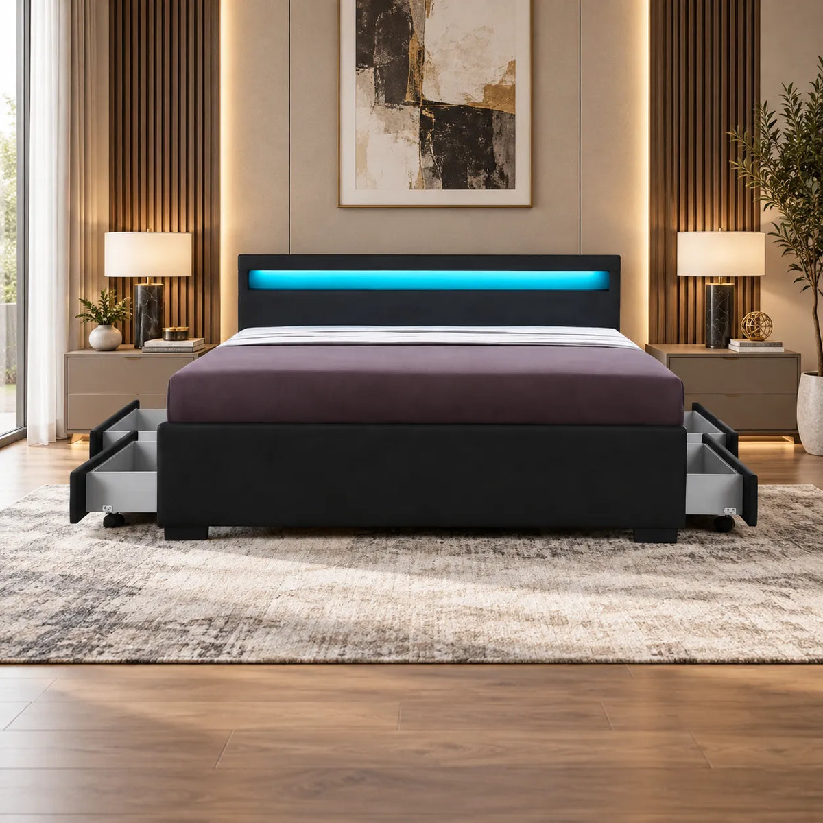 Tiroirs de rangement Lit avec LED Noir