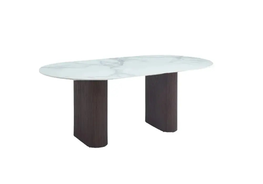 TABLE A MANGER ROXY PIED METAL EFFET NOYER CERAMIQUE MARBRE BLANC Swedzo-Meuble
