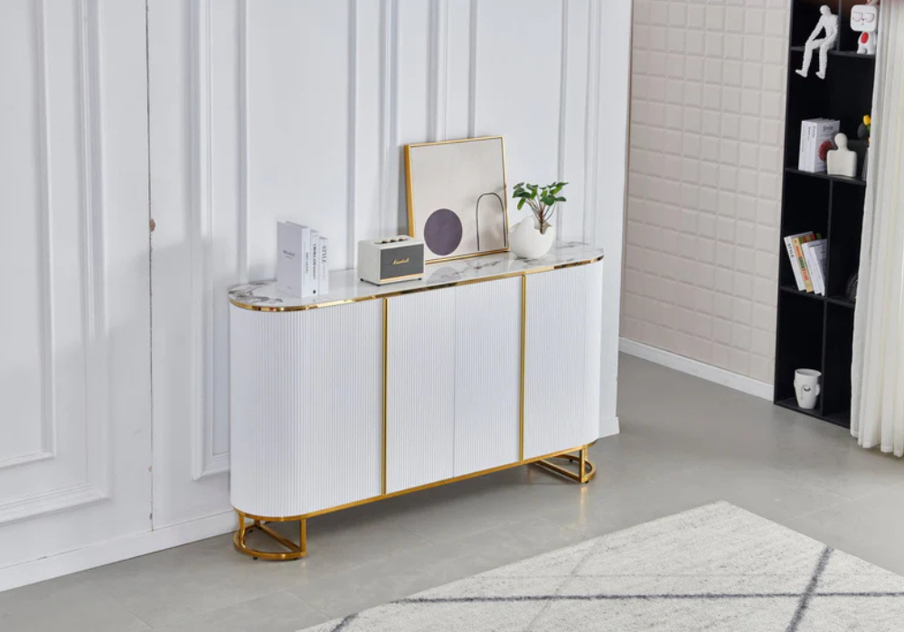 Buffet rectangulaire Esmee, bords arrondis, marbre blanc, céramique, pieds dorés, 180 cm
