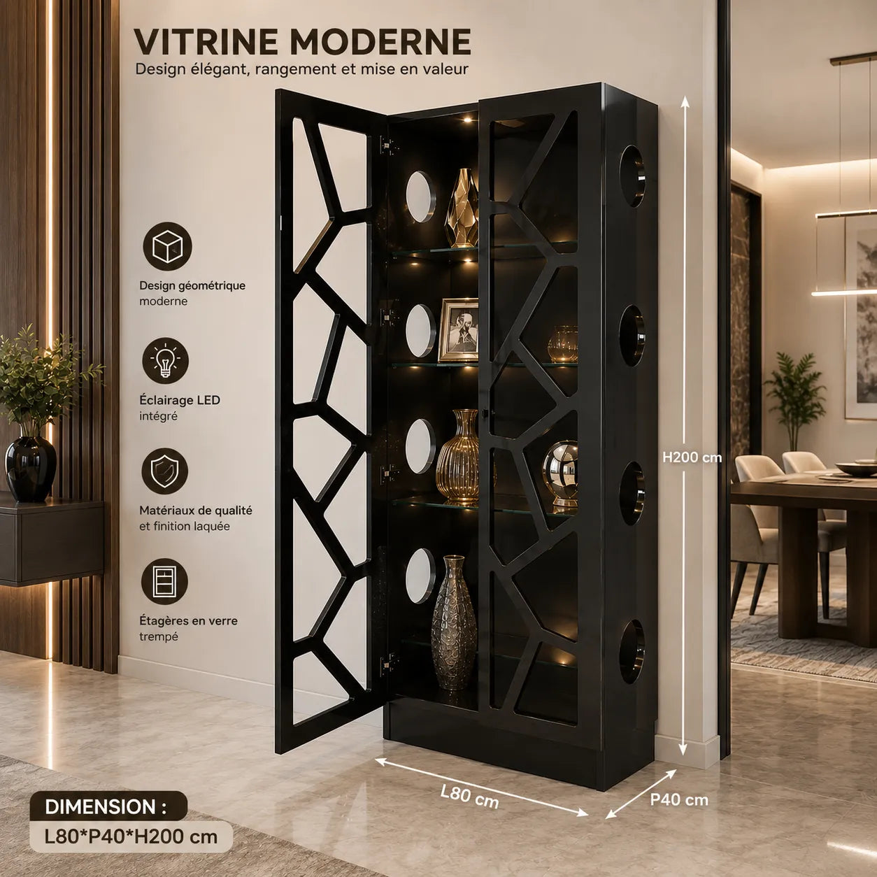 VITRINE DESIGN 2 PORTES EN BOIS LAQUE ET VERRE