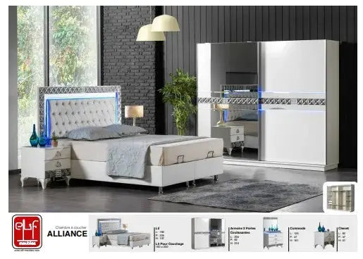 Chambre complète Alliance avec sommier(Blanc) Swedzo-Meuble