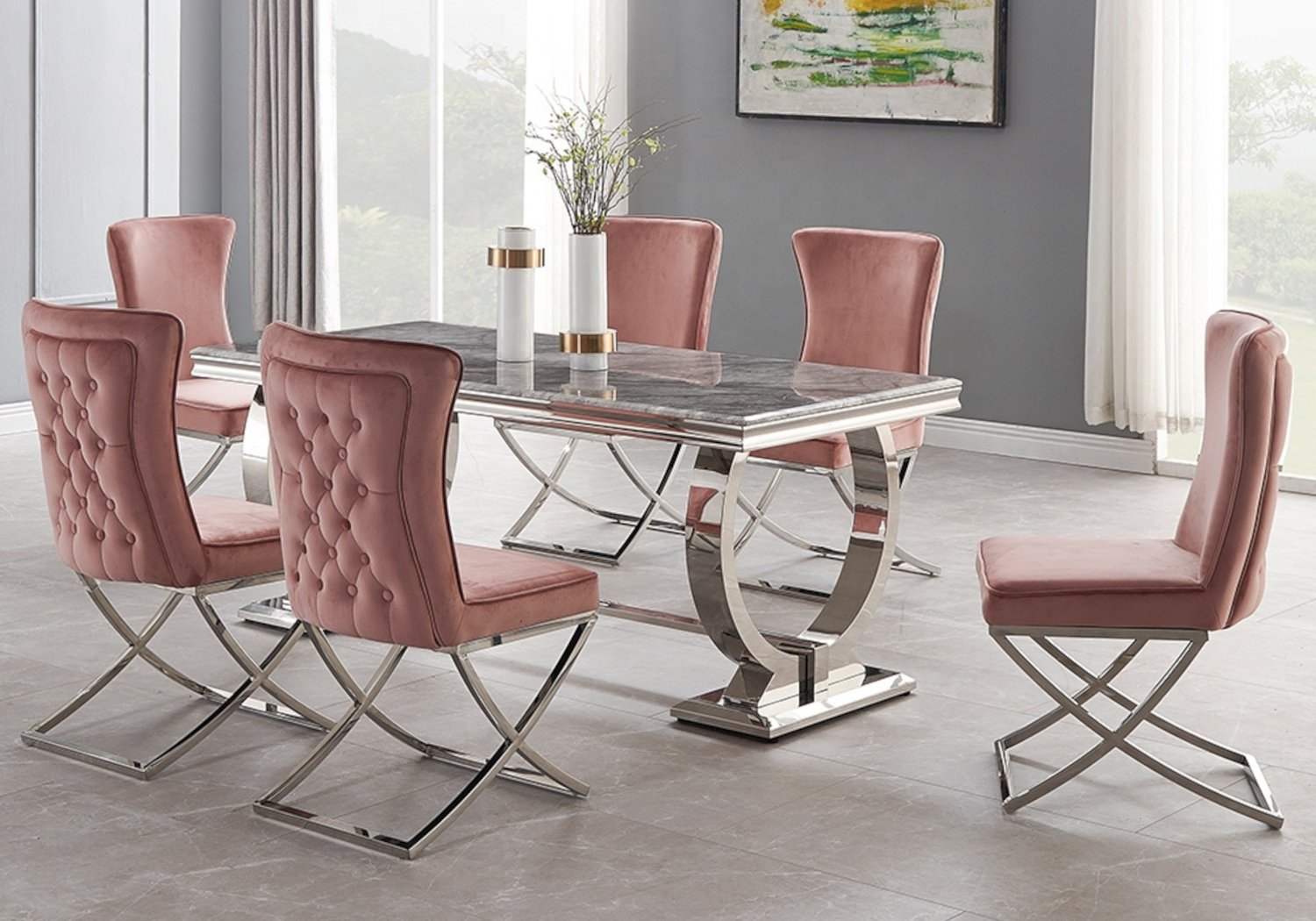 Chaise Capitonnee Argent Rose Enzo