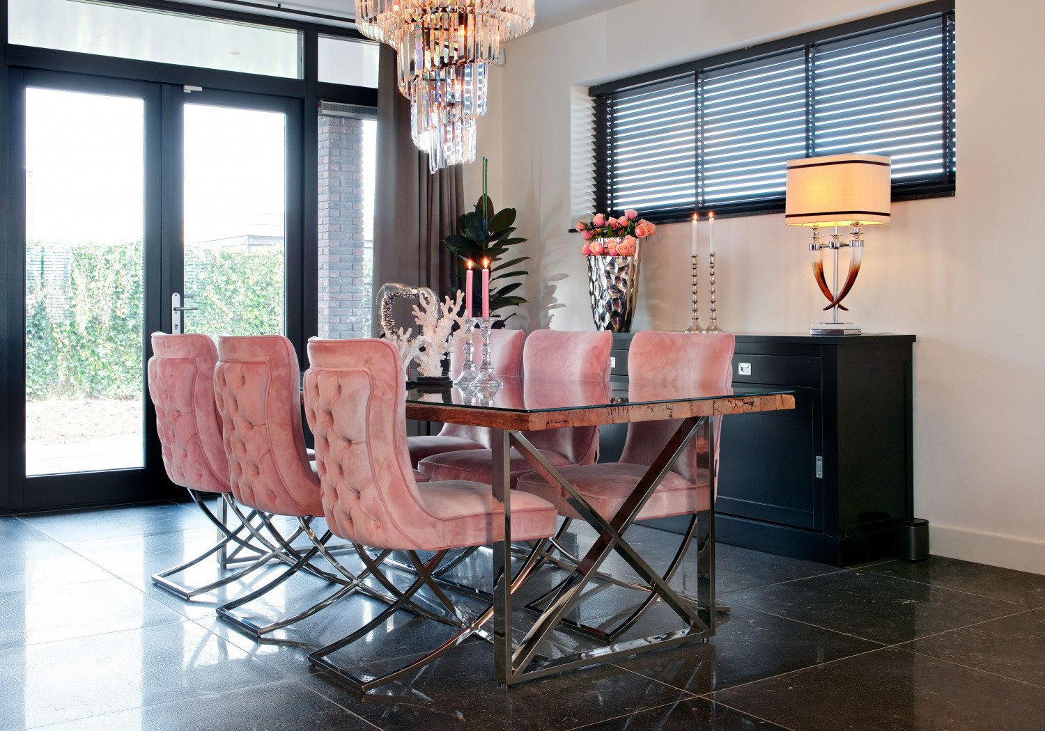 Chaise Capitonnee Argent Rose Enzo