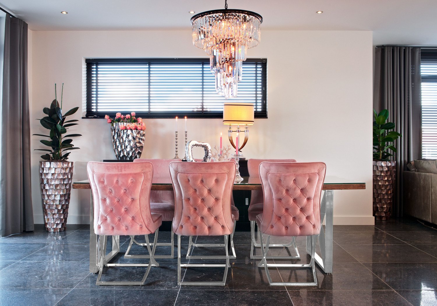 Chaise Capitonnee Argent Rose Enzo