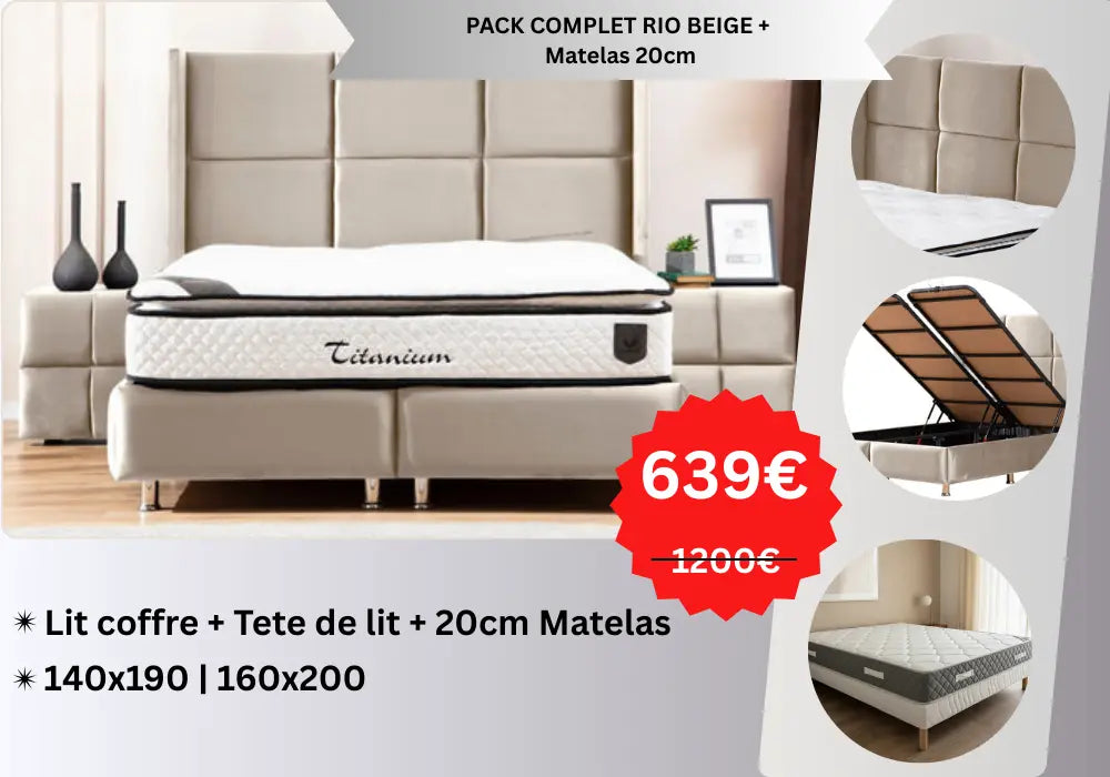 PACK COMPLET RIO BEIGE +  Matelas 20cm Swedzo-Meuble