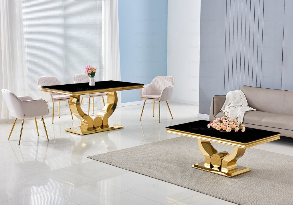 Table en verre noir et chaises doré NEA