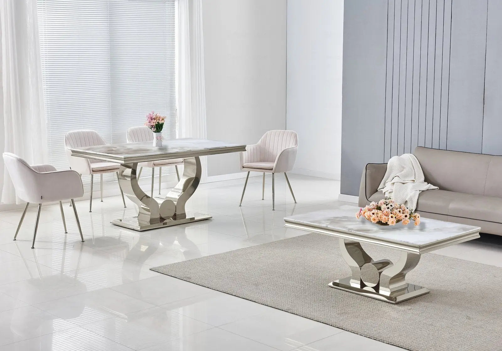 Table et chaises marbre beige argent NEA Swedzo-Meuble