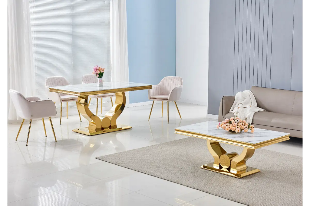 Table et chaises marbre blanc doré NEA