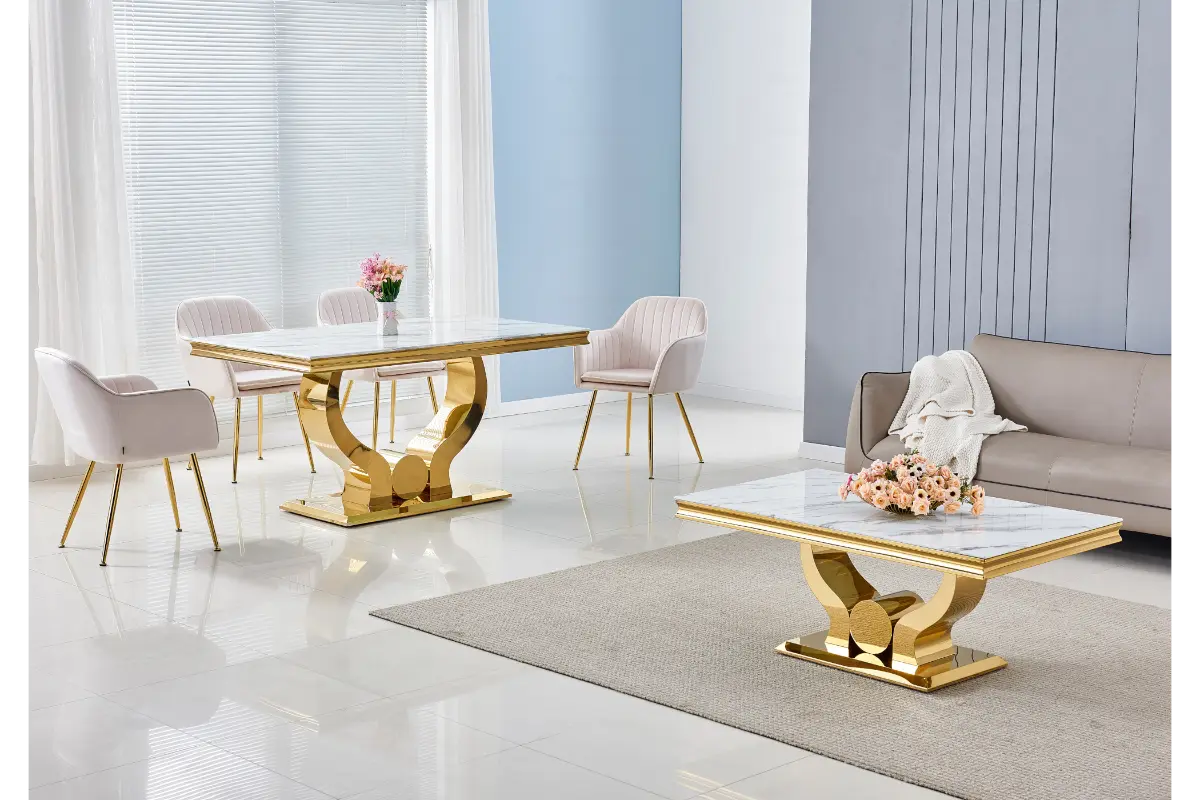 Table et chaises marbre blanc doré NEA