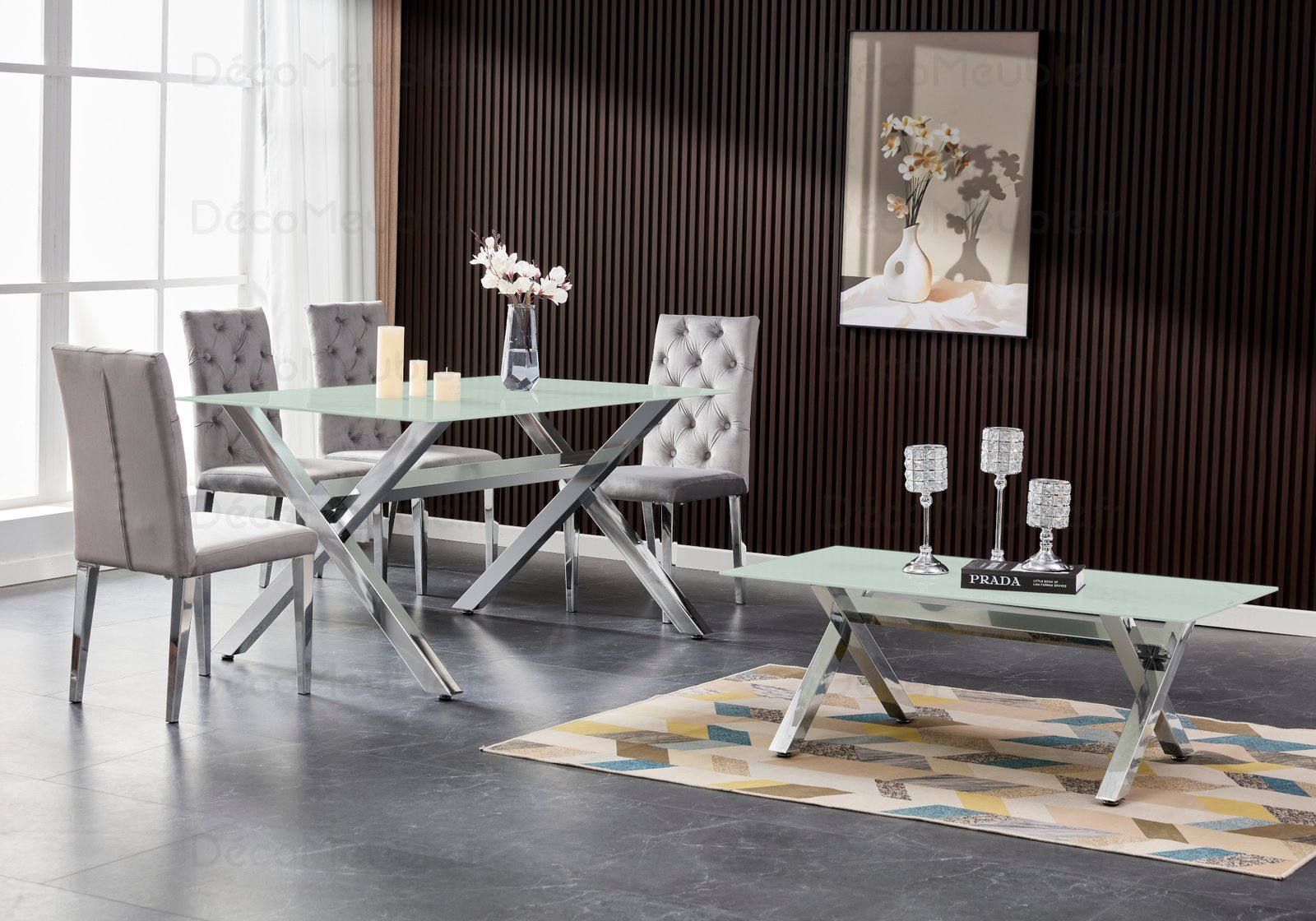 Table é manger marbre blanc pied argent CROSS