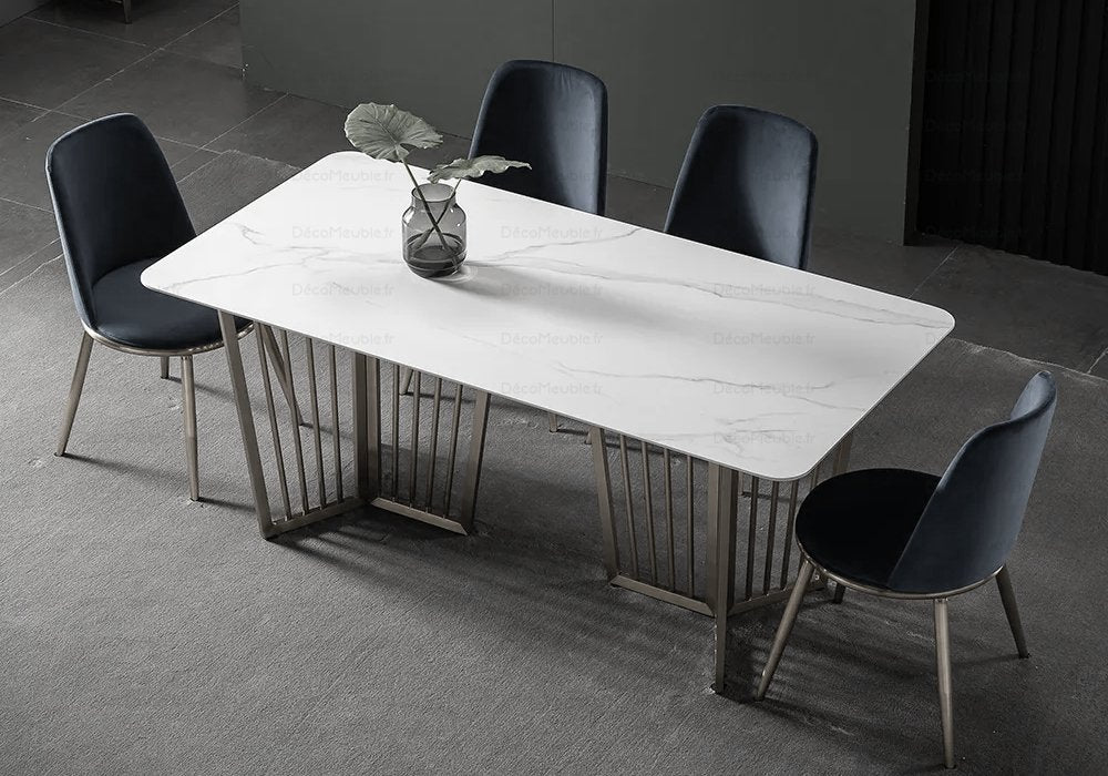 Table é manger marbre blanc argent PERLA