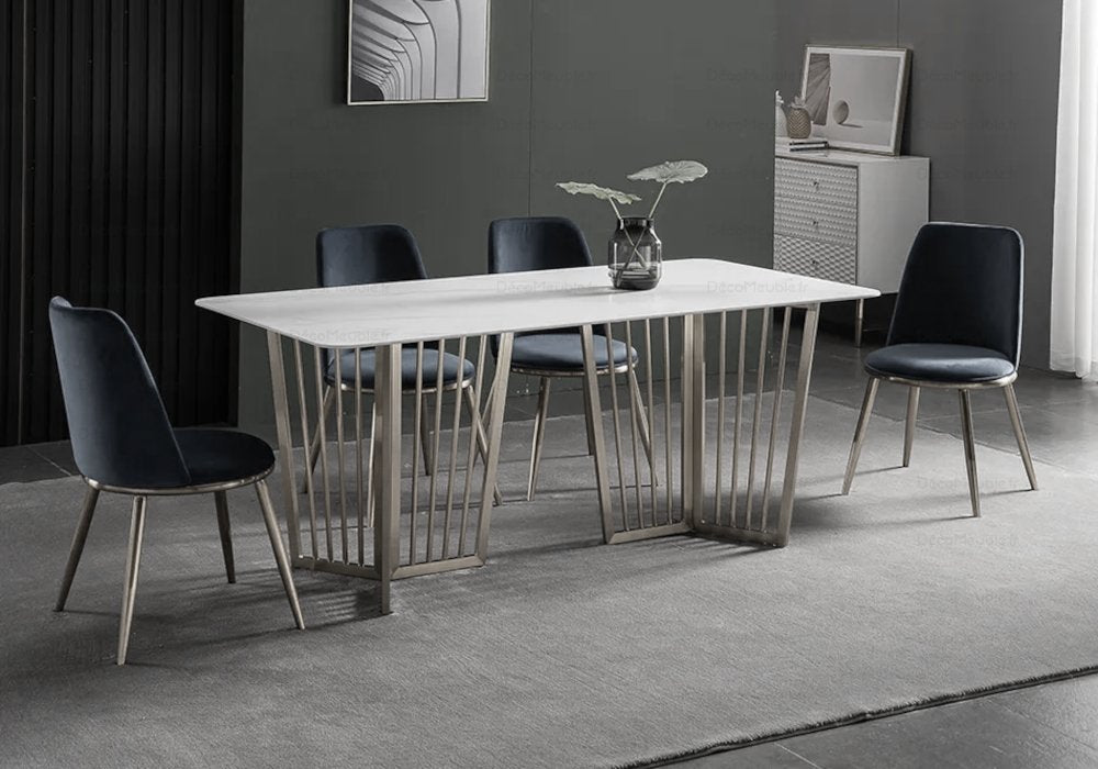 Table é manger marbre blanc argent PERLA