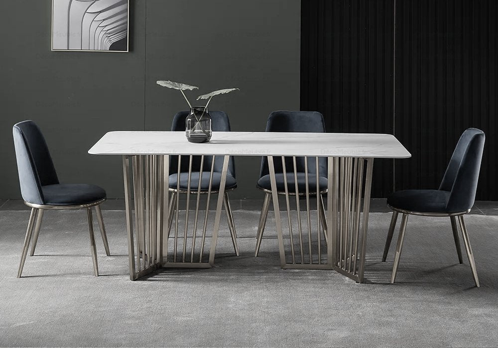 Table é manger marbre blanc argent PERLA